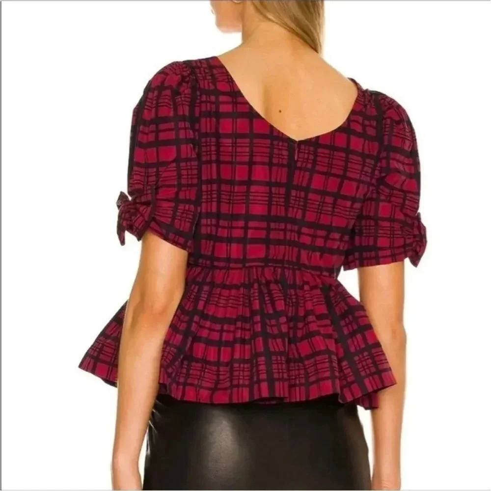 Loveshackfancy Keily Puff-Sleeve Peplum Top Blouse Moody Ruby Plaid Coquette 2 View 3